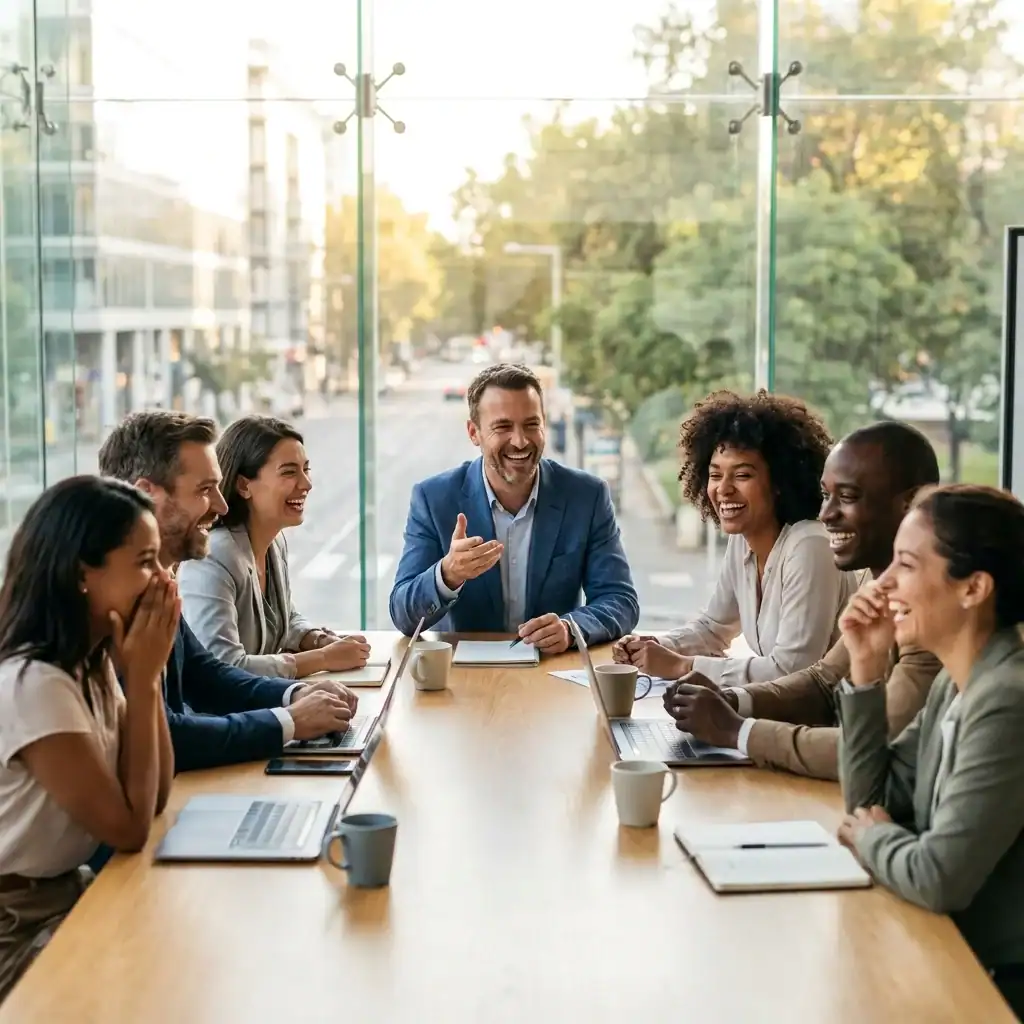 Corporate team laughing during meeting