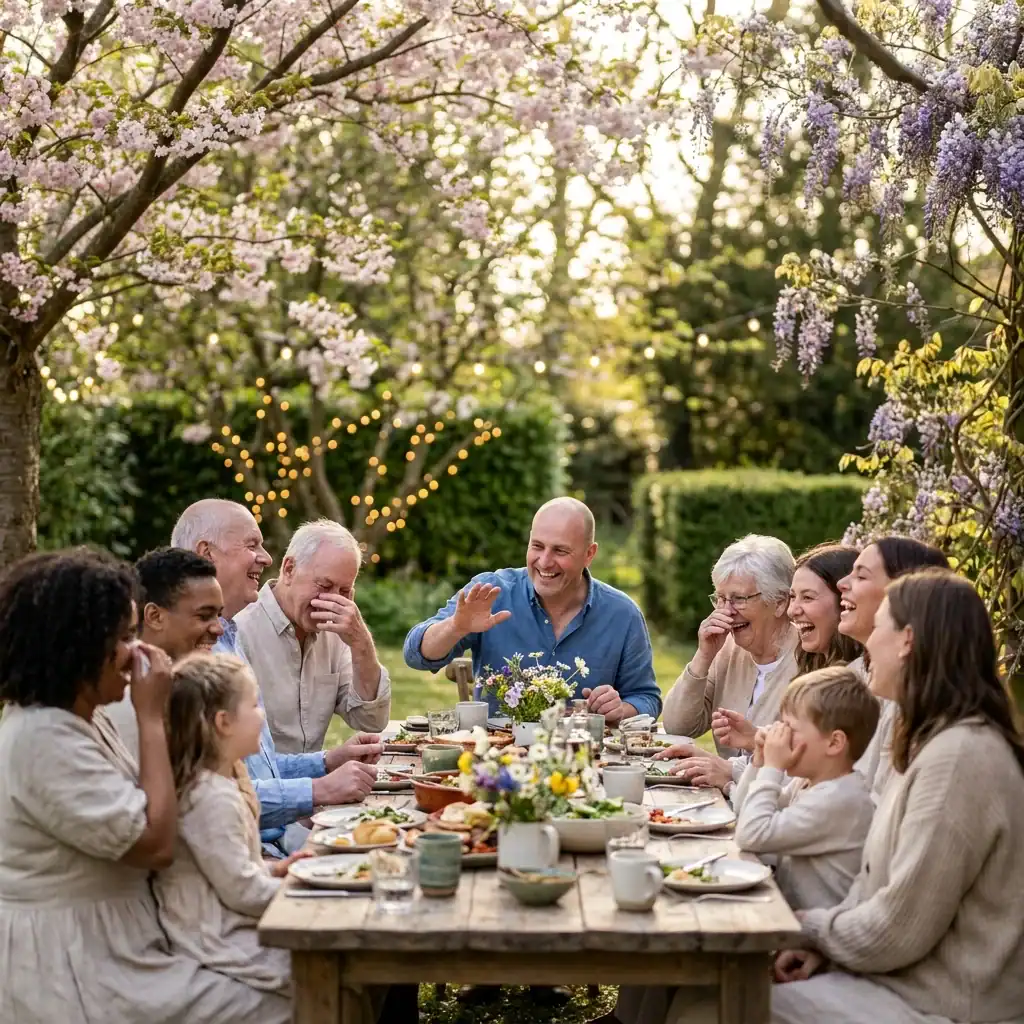 Family gather at outdoor and sharing funny easter jokes