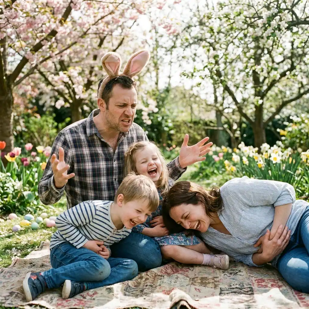 Family laughing in garden and enjoy Easter