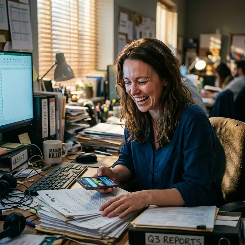 Office worker laughing at smartphone