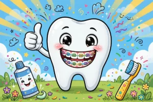 Smiling cartoon tooth character wearing colorful braces giving a thumbs up