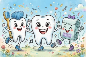 Cartoon toothbrush and dental floss characters dancing around a sparkling clean tooth