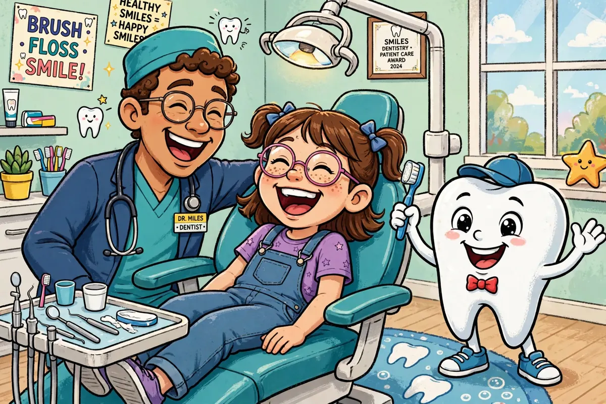 Friendly cartoon dentist and happy patient laughing in a dental chair