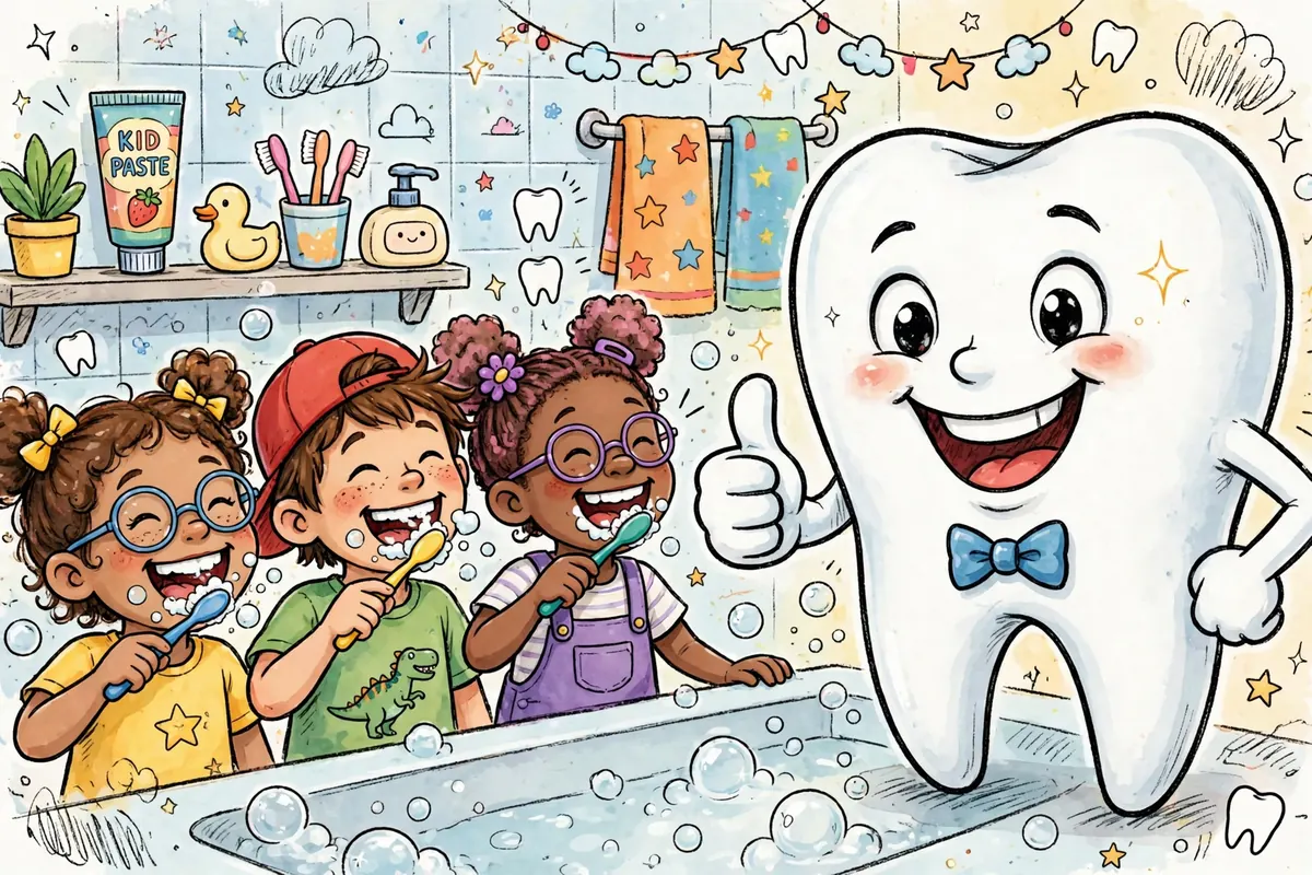 Happy cartoon kids brushing their teeth next to a giant smiling tooth giving a thumbs up