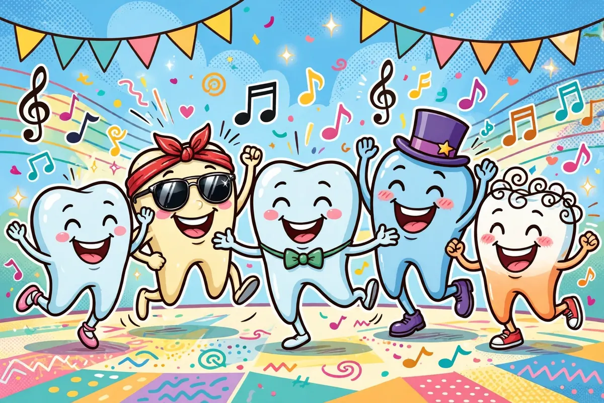 Dancing cartoon teeth characters with big smiles, one wearing sunglasses