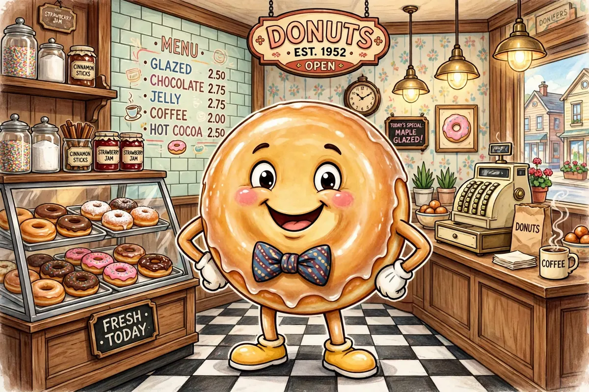 Classic glazed donut character with a big smile and a bow tie in an old-fashioned donut shop