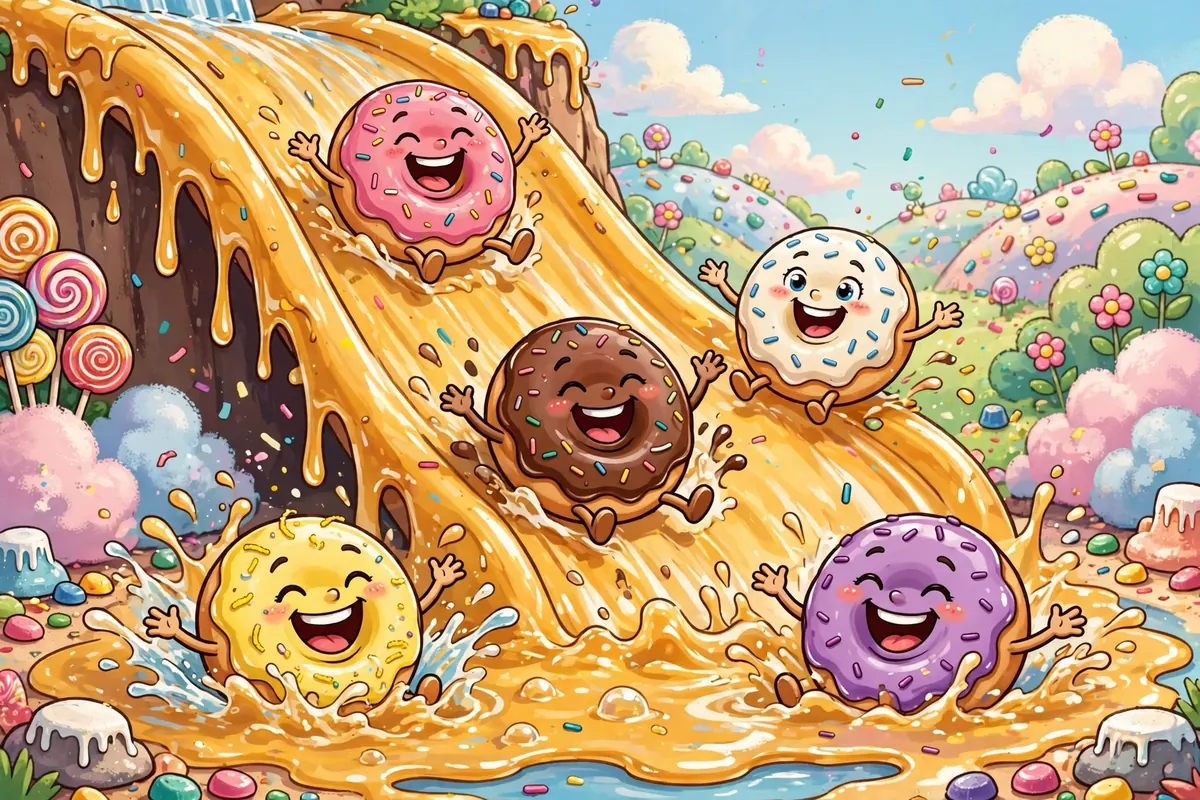 Shiny glazed donut characters sliding down a glaze waterfall, laughing