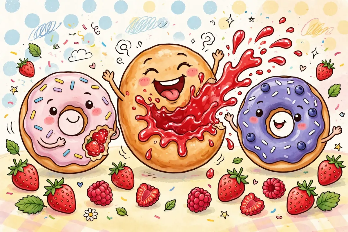 Jelly-filled donut characters laughing with jelly splashing out, strawberries and raspberries around them