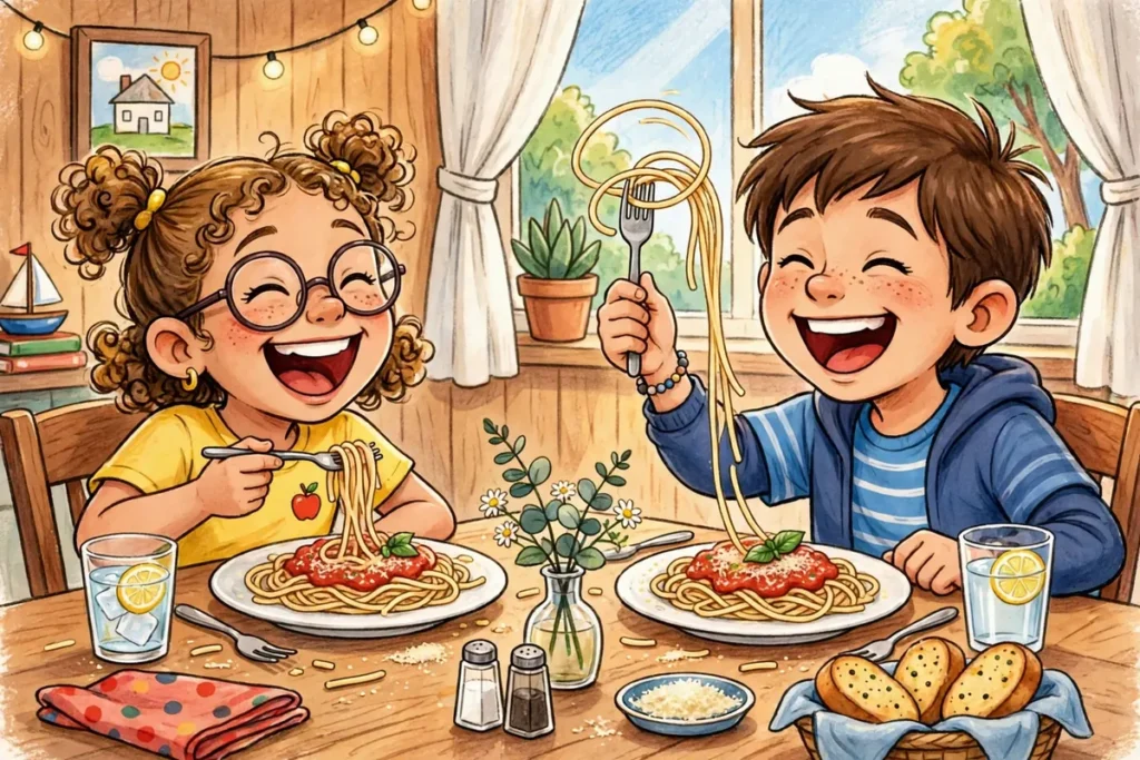 Cartoon kids laughing while eating spaghetti at a dinner table