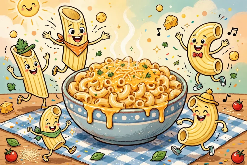 Cartoon penne and macaroni pasta characters dancing around a bowl of mac and cheese