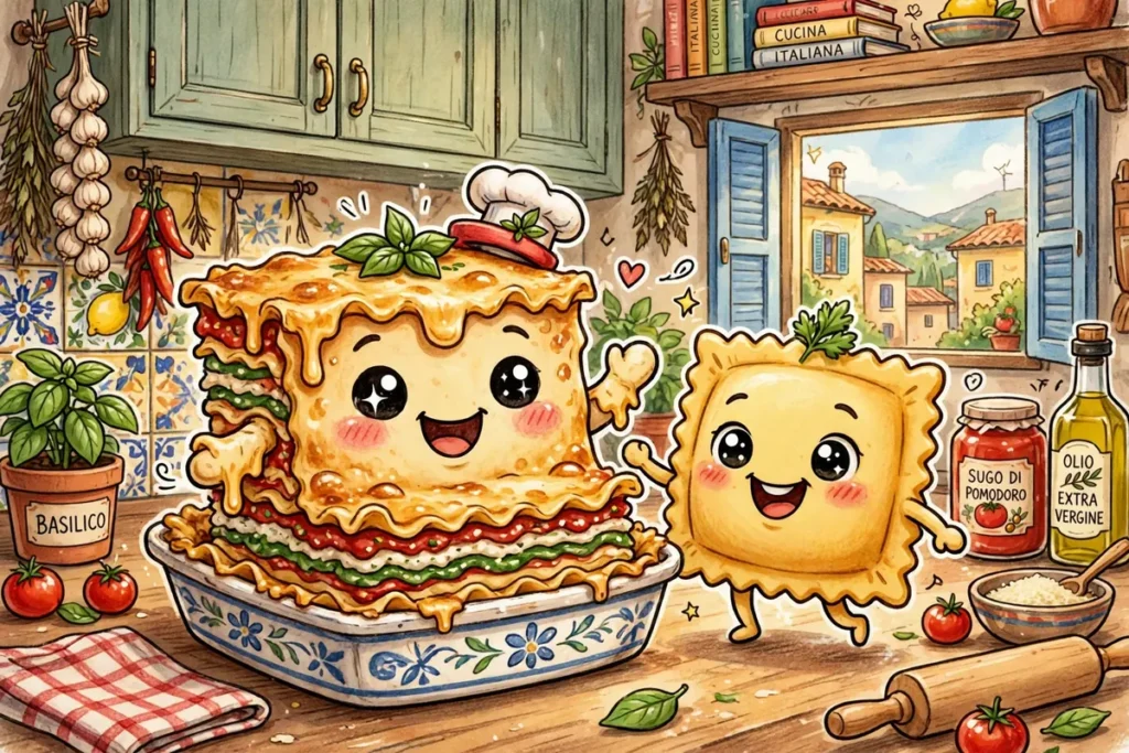 Cartoon lasagna and ravioli characters smiling in a cozy Italian kitchen