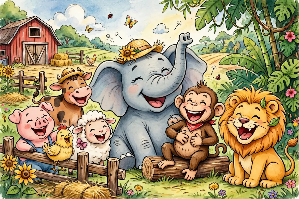 Silly cartoon animals laughing together, including an elephant, monkey and lion