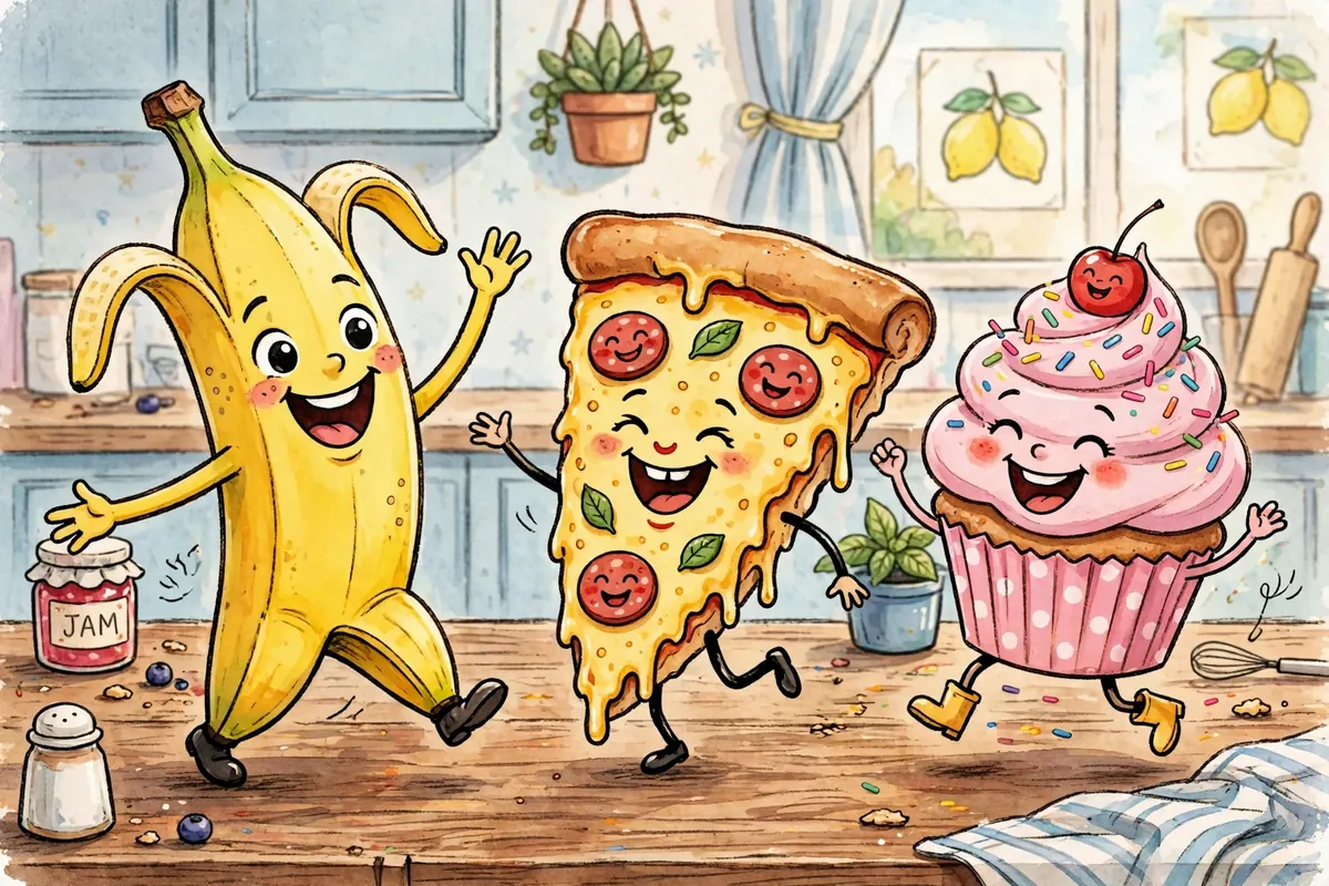 Funny cartoon food characters, a laughing banana, pizza slice and cupcake