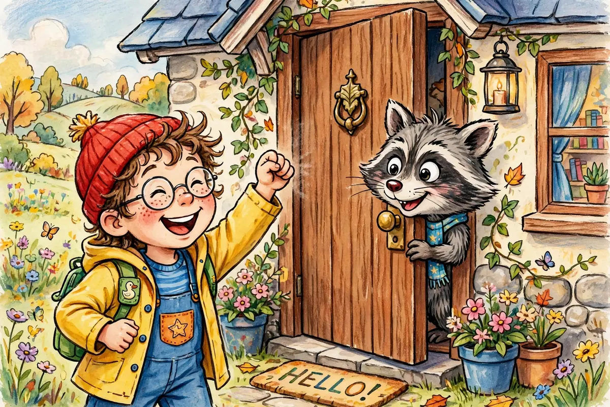 Cartoon kid knocking on a wooden door with a funny animal peeking out