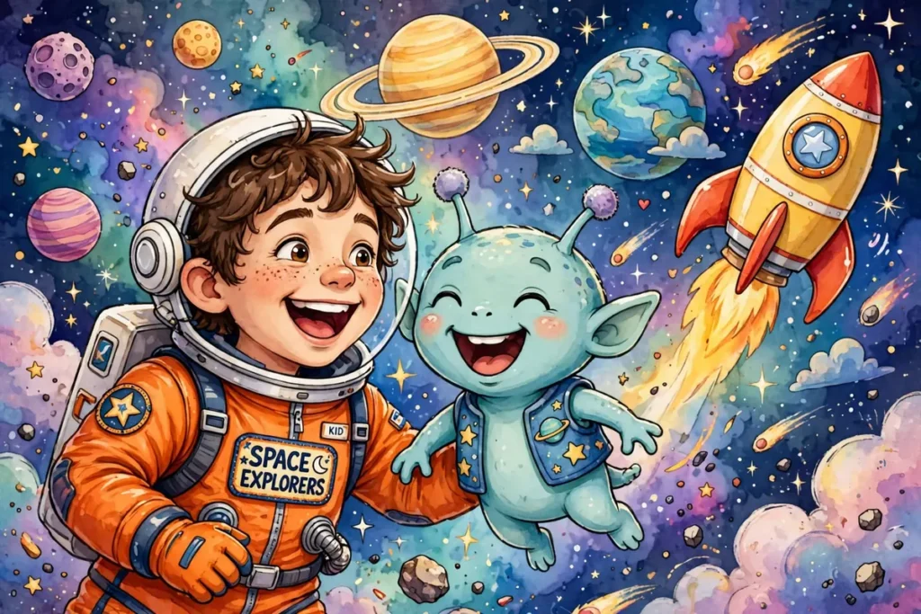 Cartoon astronaut kid and a cute alien laughing together in space with planets and a rocket