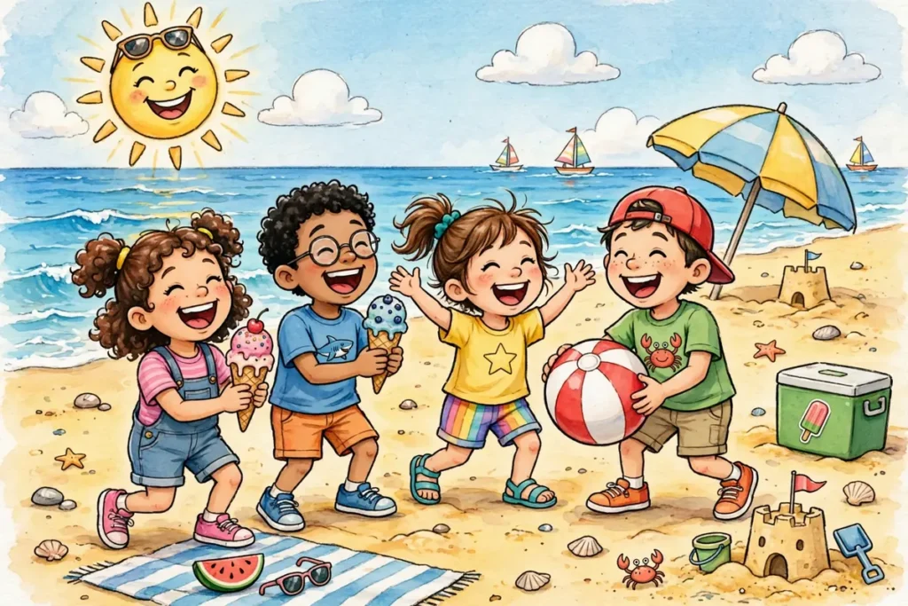 Happy cartoon kids laughing on a summer beach with a smiling sun and ice cream