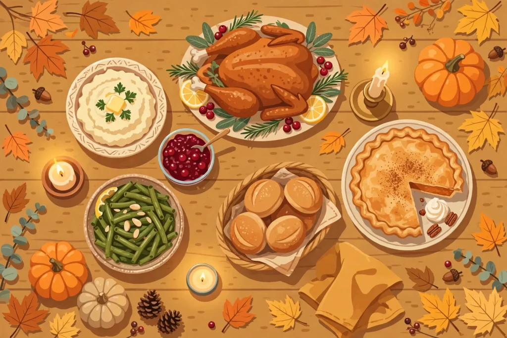 Thanksgiving dinner table full of turkey, mashed potatoes, cranberry sauce, rolls and pumpkin pie