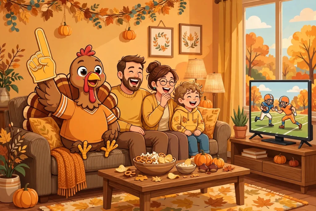 Cartoon turkey in a football jersey with a foam finger watching Thanksgiving football with family