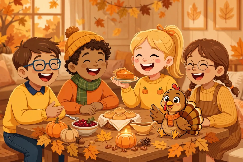 Kids laughing at a Thanksgiving dinner table while telling jokes with a small turkey