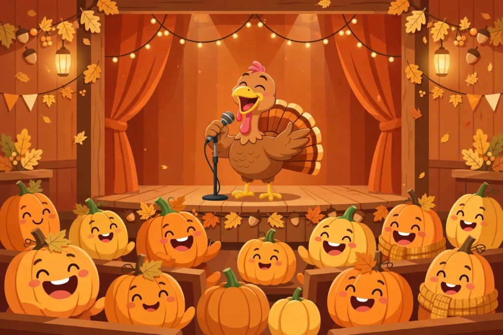 Cartoon turkey telling jokes on stage with a microphone to an audience of pumpkins